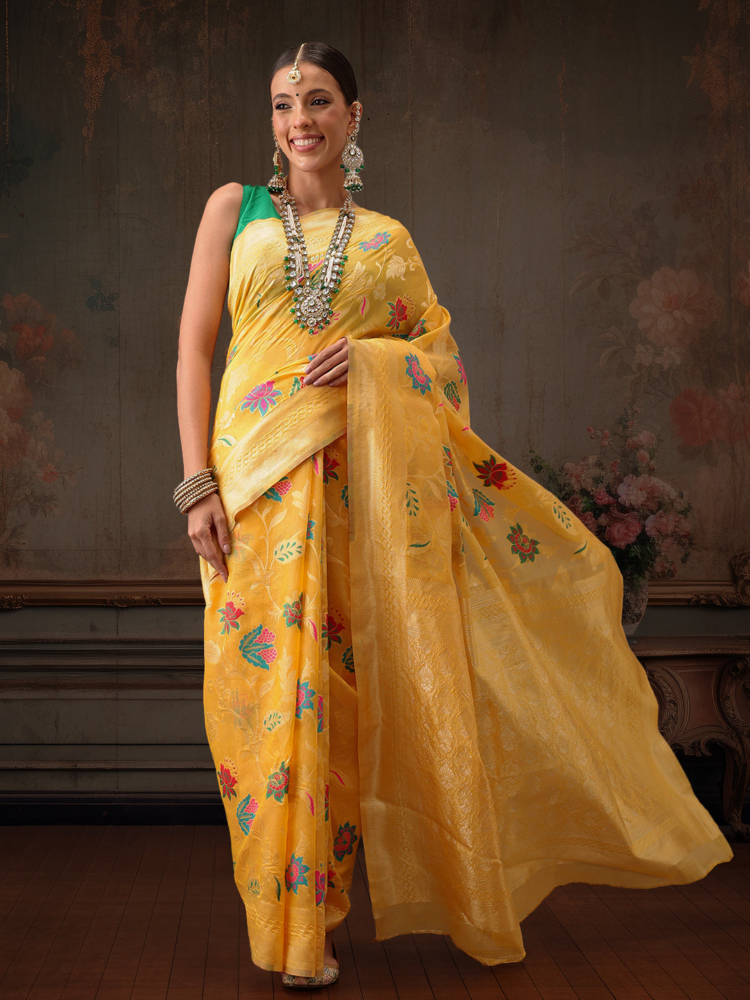 Hiral Fashion Mustard Jamdani Cotton Floral Woven Thread Saree | Swadesiicart