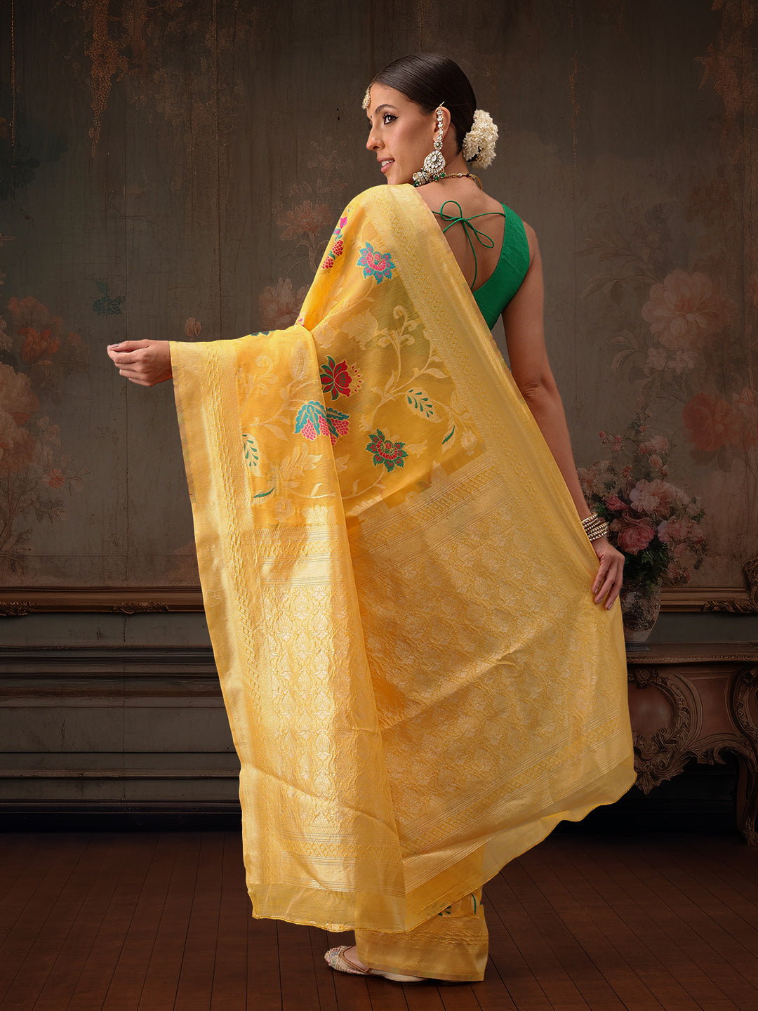 Hiral Fashion Mustard Jamdani Cotton Floral Woven Thread Saree | Swadesiicart