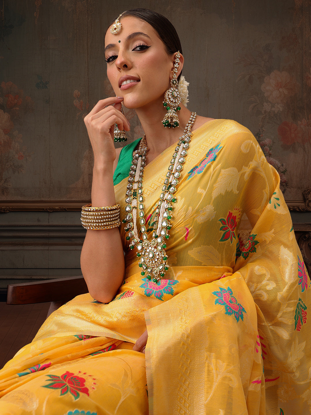 Hiral Fashion Mustard Jamdani Cotton Floral Woven Thread Saree | Swadesiicart