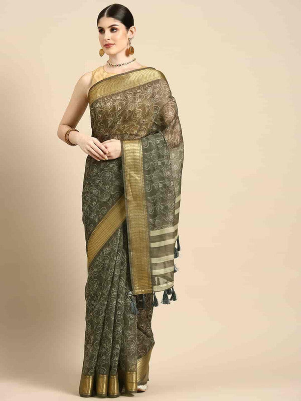 Black Silk Cotton Printed Floral Saree with Unstitched Blouse - Hiral Fashion | Swadesiicart