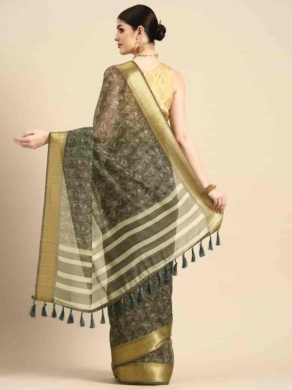 Black Silk Cotton Printed Floral Saree with Unstitched Blouse - Hiral Fashion | Swadesiicart