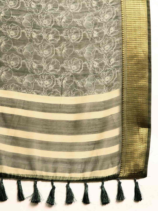 Black Silk Cotton Printed Floral Saree with Unstitched Blouse - Hiral Fashion | Swadesiicart