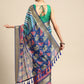 Blue Silk Cotton Printed Striped Saree with Unstitched Blouse - Hiral Fashion | Swadesiicart