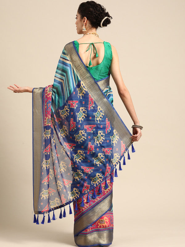 Blue Silk Cotton Printed Striped Saree with Unstitched Blouse - Hiral Fashion | Swadesiicart