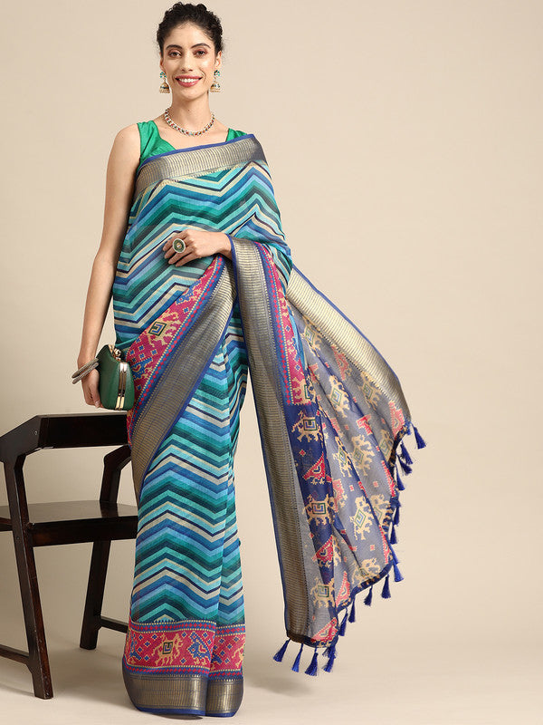 Blue Silk Cotton Printed Striped Saree with Unstitched Blouse - Hiral Fashion | Swadesiicart