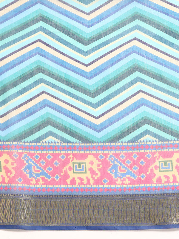 Blue Silk Cotton Printed Striped Saree with Unstitched Blouse - Hiral Fashion | Swadesiicart