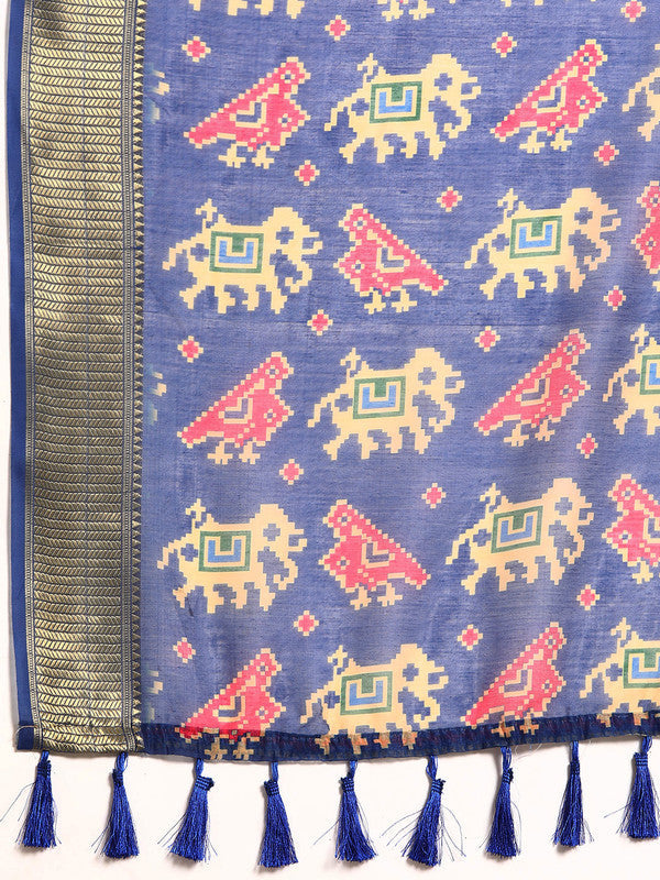 Blue Silk Cotton Printed Striped Saree with Unstitched Blouse - Hiral Fashion | Swadesiicart