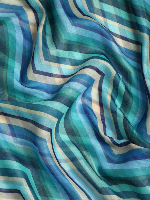 Blue Silk Cotton Printed Striped Saree with Unstitched Blouse - Hiral Fashion | Swadesiicart