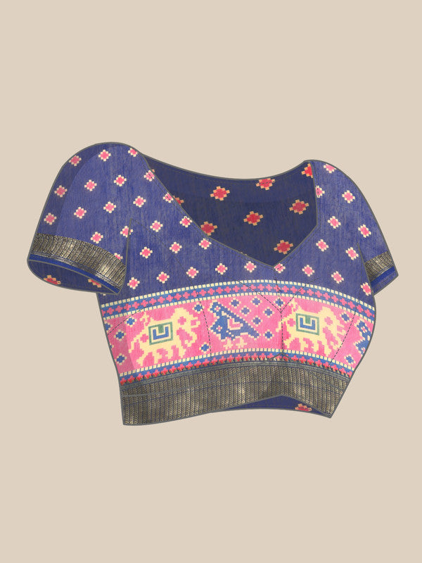 Blue Silk Cotton Printed Striped Saree with Unstitched Blouse - Hiral Fashion | Swadesiicart