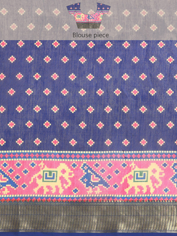Blue Silk Cotton Printed Striped Saree with Unstitched Blouse - Hiral Fashion | Swadesiicart