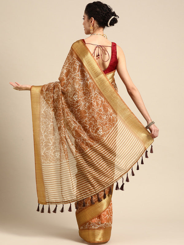Brown Silk Cotton Printed Floral Saree with Unstitched Blouse - Hiral Fashion | Swadesiicart