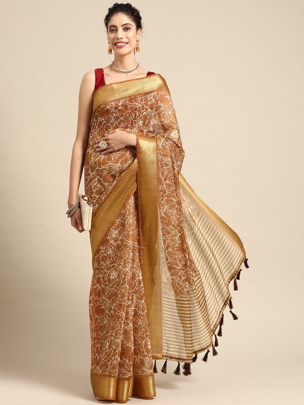 Brown Silk Cotton Printed Floral Saree with Unstitched Blouse - Hiral Fashion | Swadesiicart