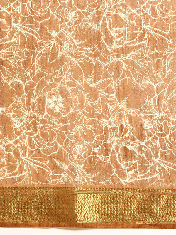 Brown Silk Cotton Printed Floral Saree with Unstitched Blouse - Hiral Fashion | Swadesiicart