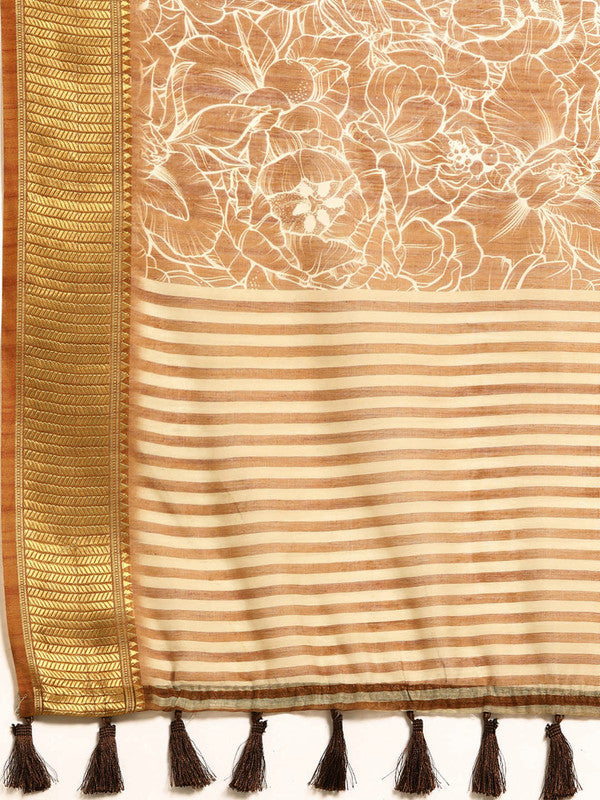 Brown Silk Cotton Printed Floral Saree with Unstitched Blouse - Hiral Fashion | Swadesiicart