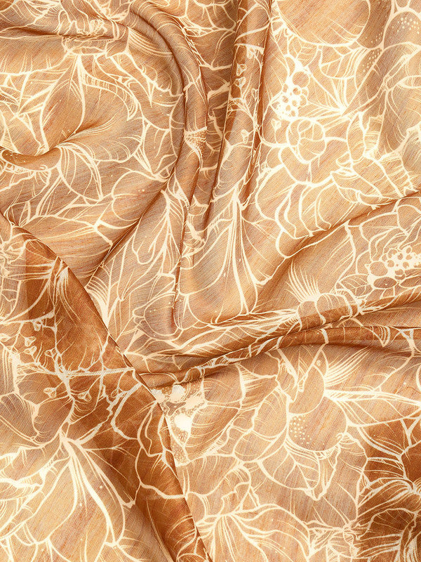 Brown Silk Cotton Printed Floral Saree with Unstitched Blouse - Hiral Fashion | Swadesiicart
