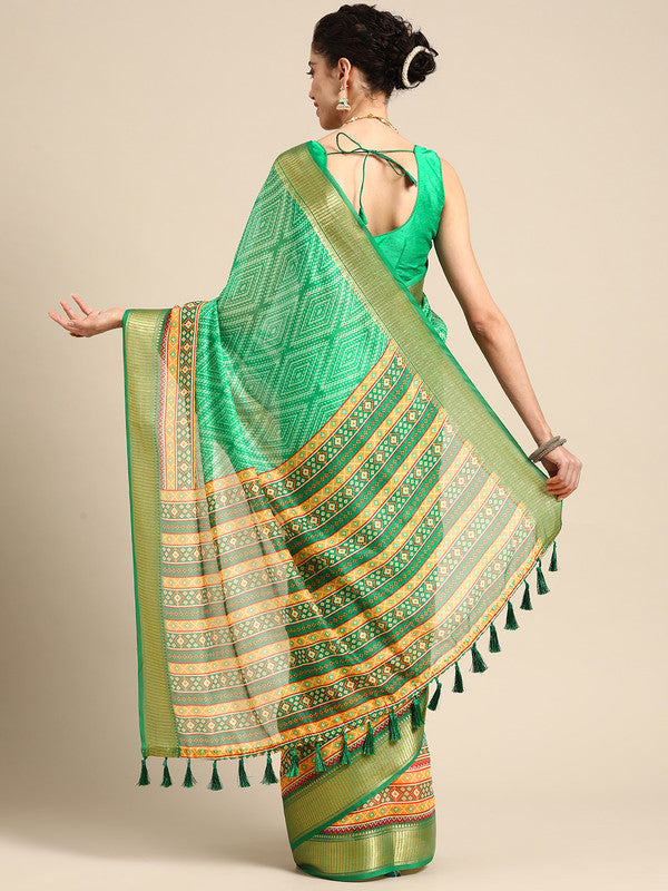 Green Silk Cotton Printed Geomatric Saree with Unstitched Blouse - Hiral Fashion | Swadesiicart