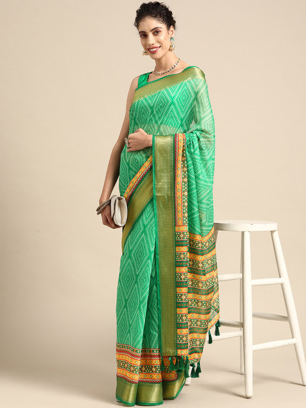Green Silk Cotton Printed Geomatric Saree with Unstitched Blouse - Hiral Fashion | Swadesiicart