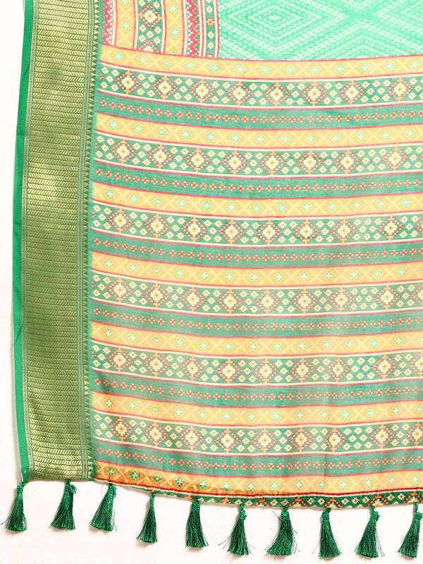 Green Silk Cotton Printed Geomatric Saree with Unstitched Blouse - Hiral Fashion | Swadesiicart