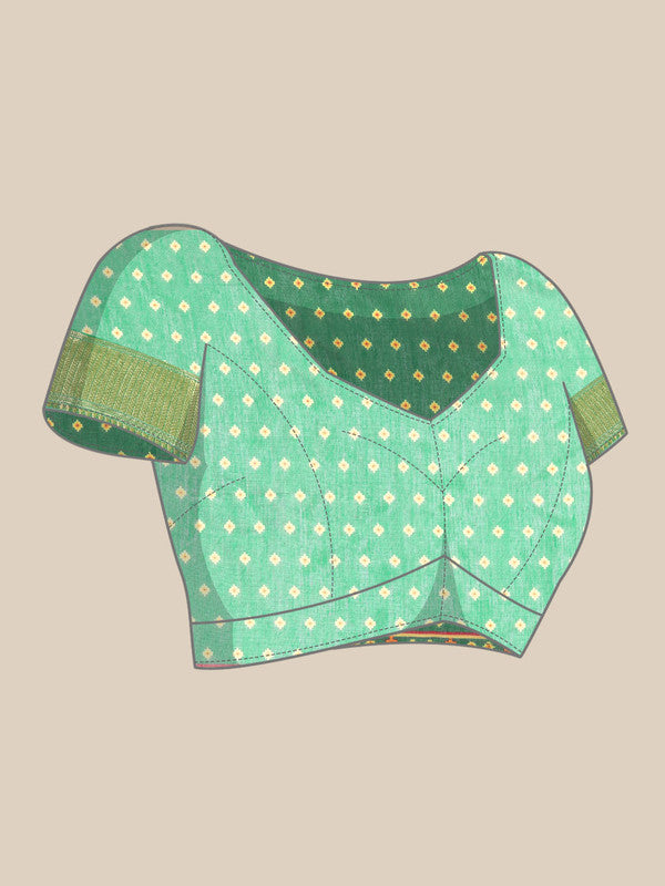 Green Silk Cotton Printed Geomatric Saree with Unstitched Blouse - Hiral Fashion | Swadesiicart