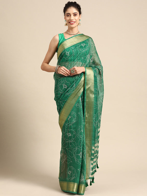 Green Silk Cotton Printed Floral Saree with Unstitched Blouse - Hiral Fashion | Swadesiicart
