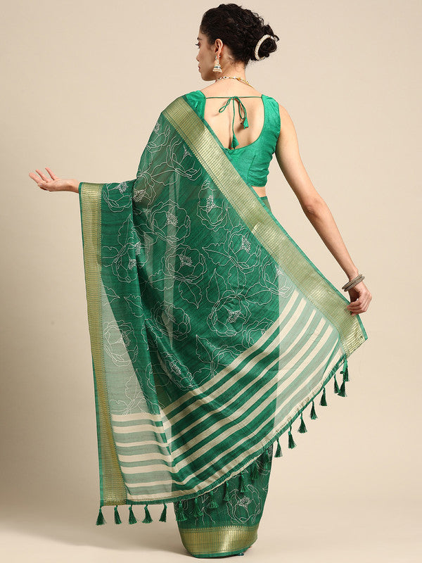 Green Silk Cotton Printed Floral Saree with Unstitched Blouse - Hiral Fashion | Swadesiicart