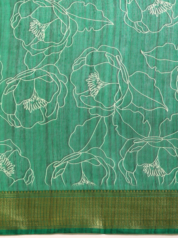 Green Silk Cotton Printed Floral Saree with Unstitched Blouse - Hiral Fashion | Swadesiicart