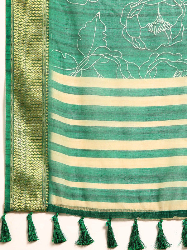 Green Silk Cotton Printed Floral Saree with Unstitched Blouse - Hiral Fashion | Swadesiicart