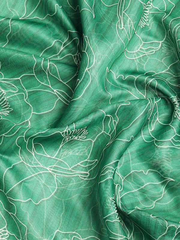 Green Silk Cotton Printed Floral Saree with Unstitched Blouse - Hiral Fashion | Swadesiicart