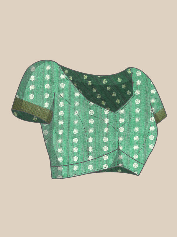 Green Silk Cotton Printed Floral Saree with Unstitched Blouse - Hiral Fashion | Swadesiicart