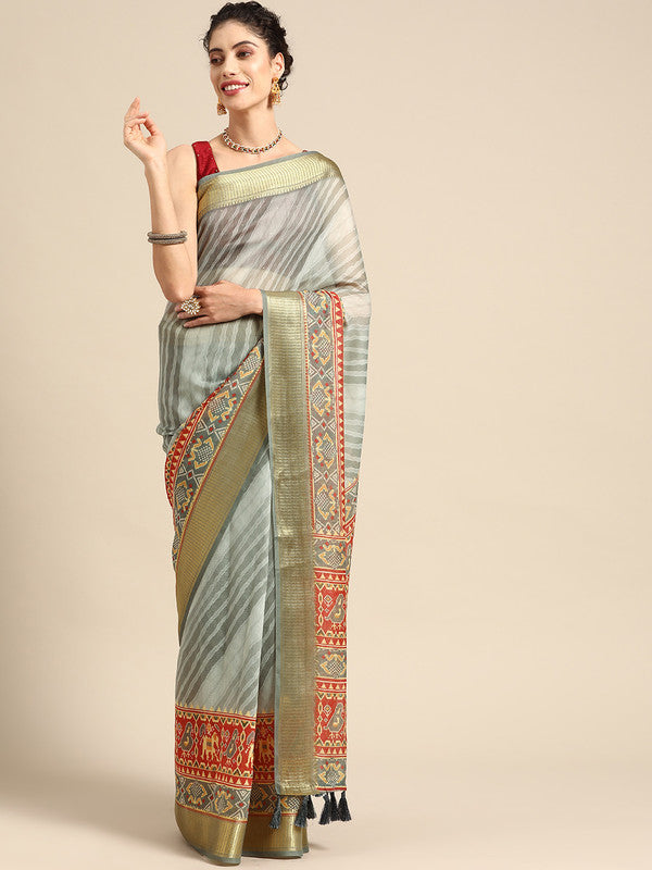 Gray Silk Cotton Printed Striped Saree with Unstitched Blouse - Hiral Fashion | Swadesiicart