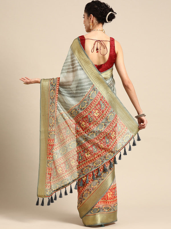 Gray Silk Cotton Printed Striped Saree with Unstitched Blouse - Hiral Fashion | Swadesiicart