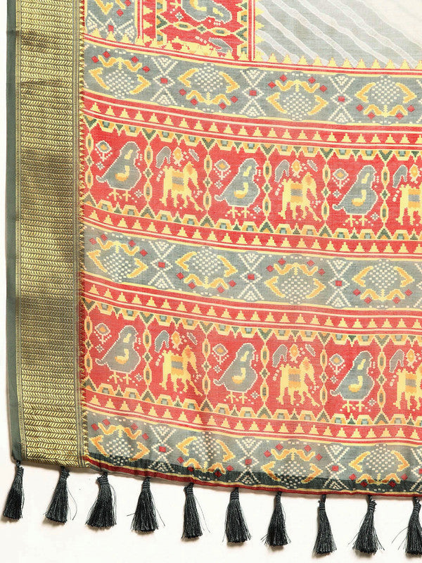 Gray Silk Cotton Printed Striped Saree with Unstitched Blouse - Hiral Fashion | Swadesiicart
