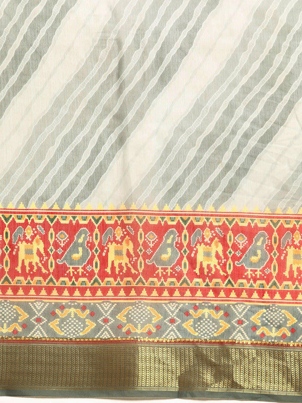 Gray Silk Cotton Printed Striped Saree with Unstitched Blouse - Hiral Fashion | Swadesiicart