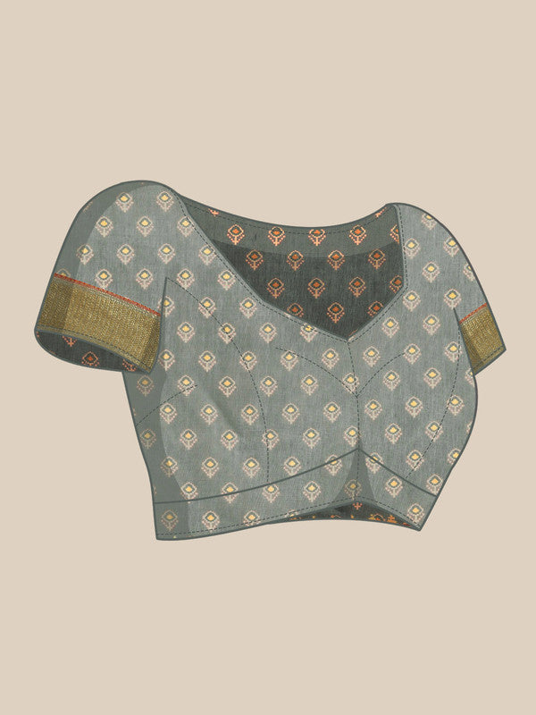 Gray Silk Cotton Printed Striped Saree with Unstitched Blouse - Hiral Fashion | Swadesiicart