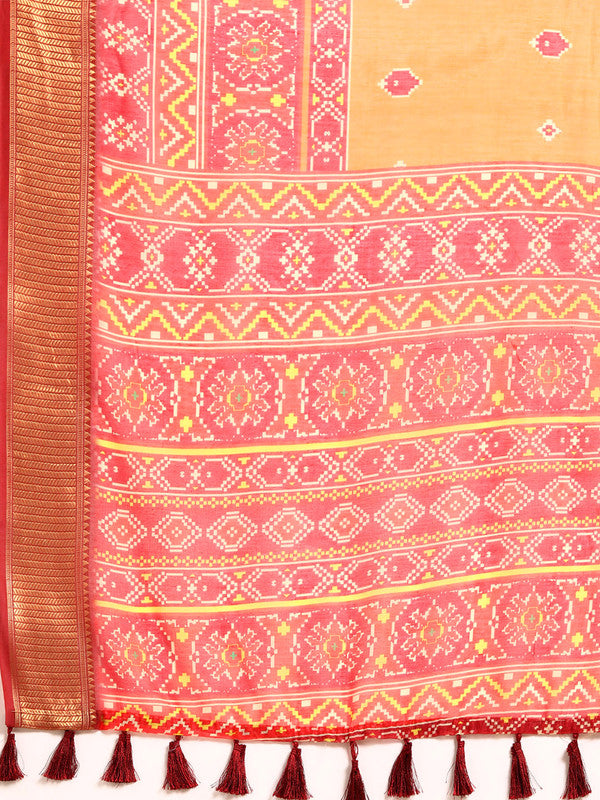 Mustard Silk Cotton Printed Floral Saree with Unstitched Blouse - Hiral Fashion | Swadesiicart