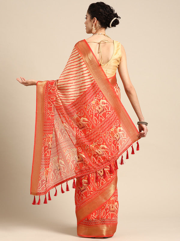 Orange Silk Cotton Printed Striped Saree with Unstitched Blouse - Hiral Fashion | Swadesiicart