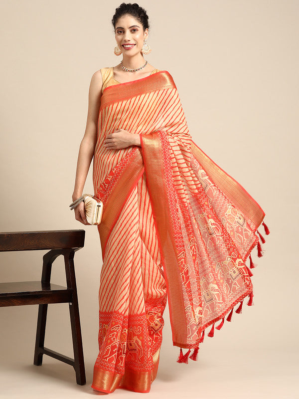 Orange Silk Cotton Printed Striped Saree with Unstitched Blouse - Hiral Fashion | Swadesiicart