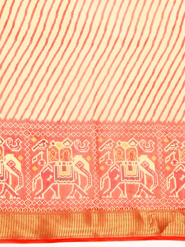 Orange Silk Cotton Printed Striped Saree with Unstitched Blouse - Hiral Fashion | Swadesiicart