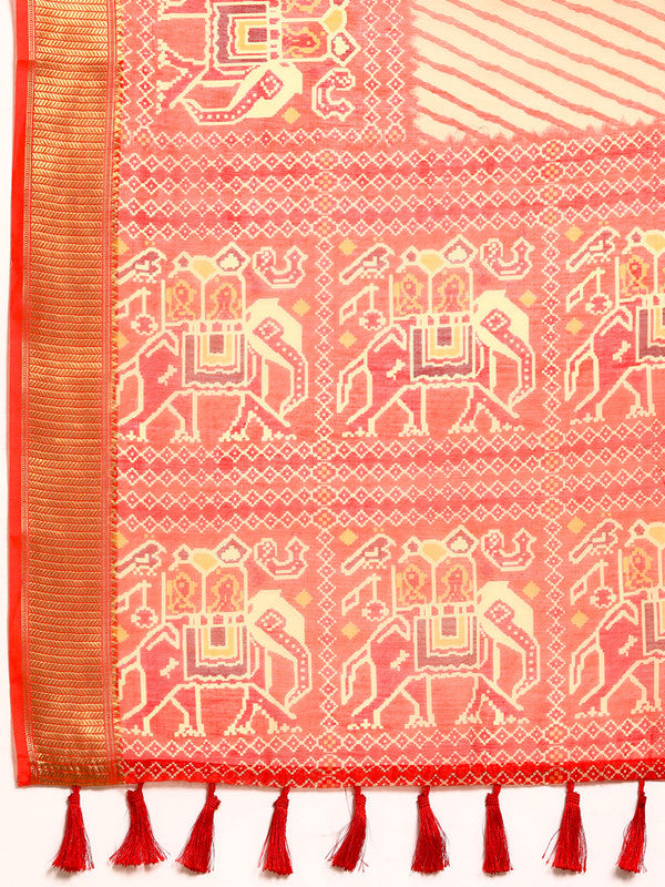 Orange Silk Cotton Printed Striped Saree with Unstitched Blouse - Hiral Fashion | Swadesiicart