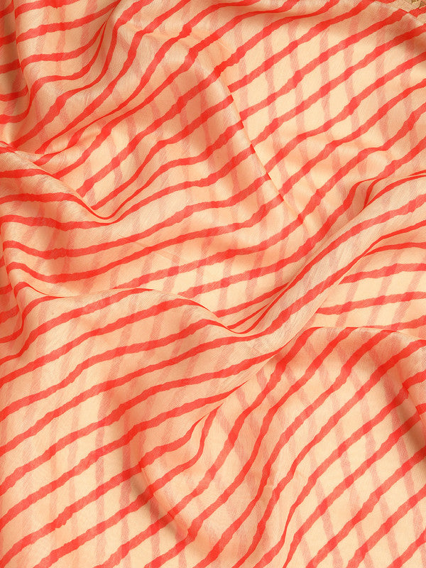 Orange Silk Cotton Printed Striped Saree with Unstitched Blouse - Hiral Fashion | Swadesiicart