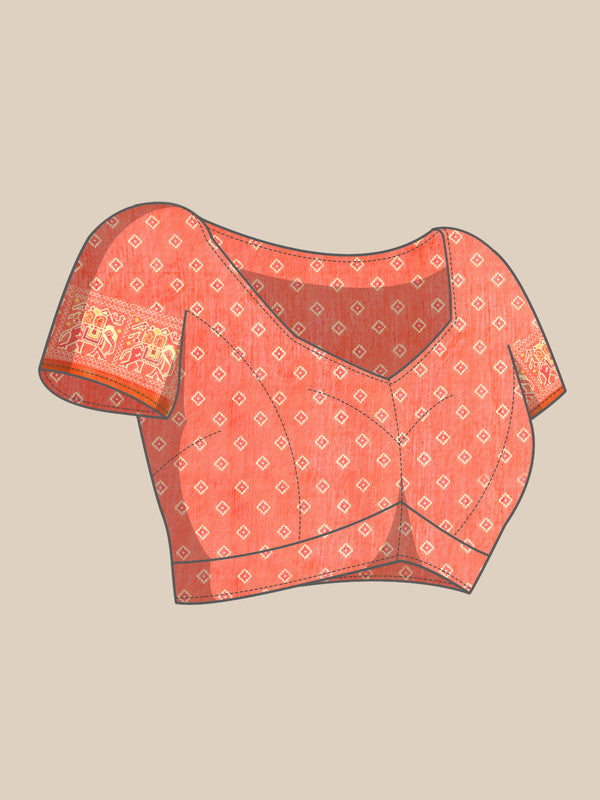 Orange Silk Cotton Printed Striped Saree with Unstitched Blouse - Hiral Fashion | Swadesiicart
