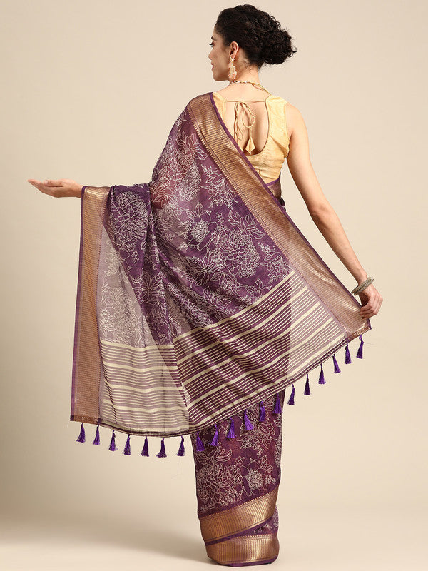 Purple Silk Cotton Printed Floral Saree with Unstitched Blouse - Hiral Fashion | Swadesiicart
