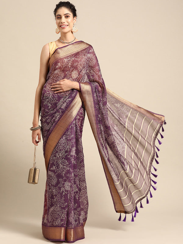 Purple Silk Cotton Printed Floral Saree with Unstitched Blouse - Hiral Fashion | Swadesiicart