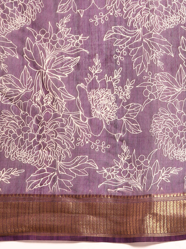 Purple Silk Cotton Printed Floral Saree with Unstitched Blouse - Hiral Fashion | Swadesiicart
