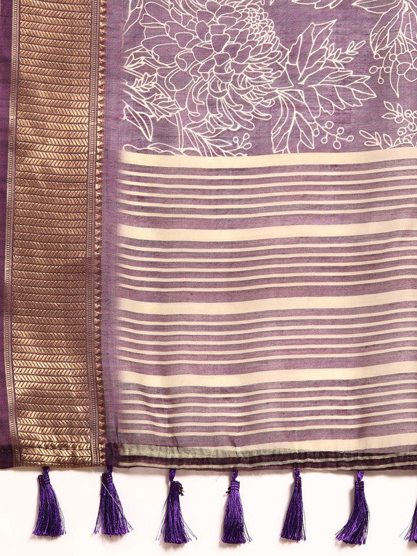 Purple Silk Cotton Printed Floral Saree with Unstitched Blouse - Hiral Fashion | Swadesiicart