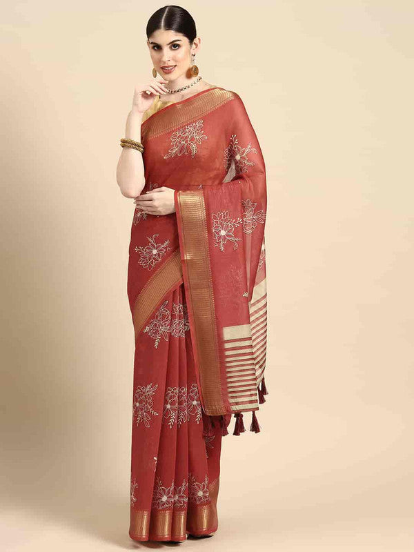 Red Silk Cotton Printed Floral Saree with Unstitched Blouse - Hiral Fashion | Swadesiicart