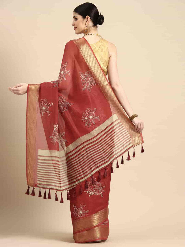 Red Silk Cotton Printed Floral Saree with Unstitched Blouse - Hiral Fashion | Swadesiicart