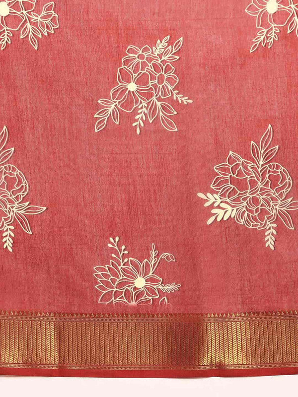 Red Silk Cotton Printed Floral Saree with Unstitched Blouse - Hiral Fashion | Swadesiicart