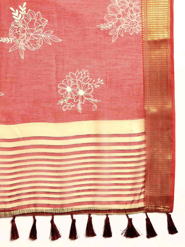 Red Silk Cotton Printed Floral Saree with Unstitched Blouse - Hiral Fashion | Swadesiicart