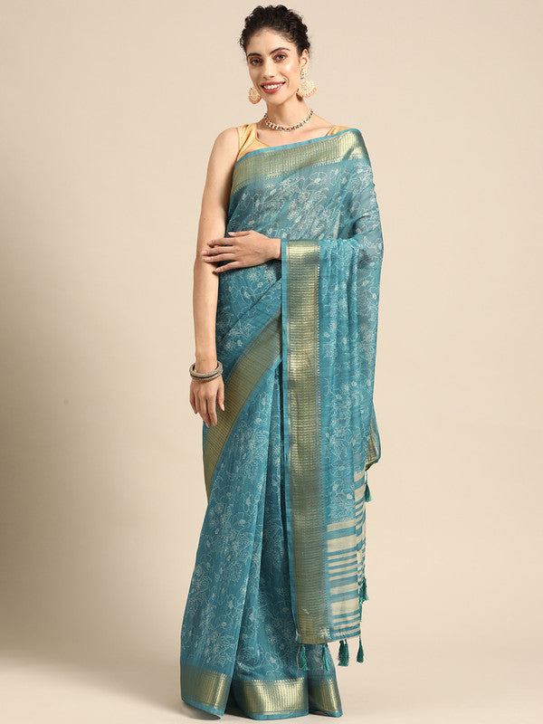 Turquoise Silk Cotton Printed Floral Saree with Unstitched Blouse - Hiral Fashion | Swadesiicart
